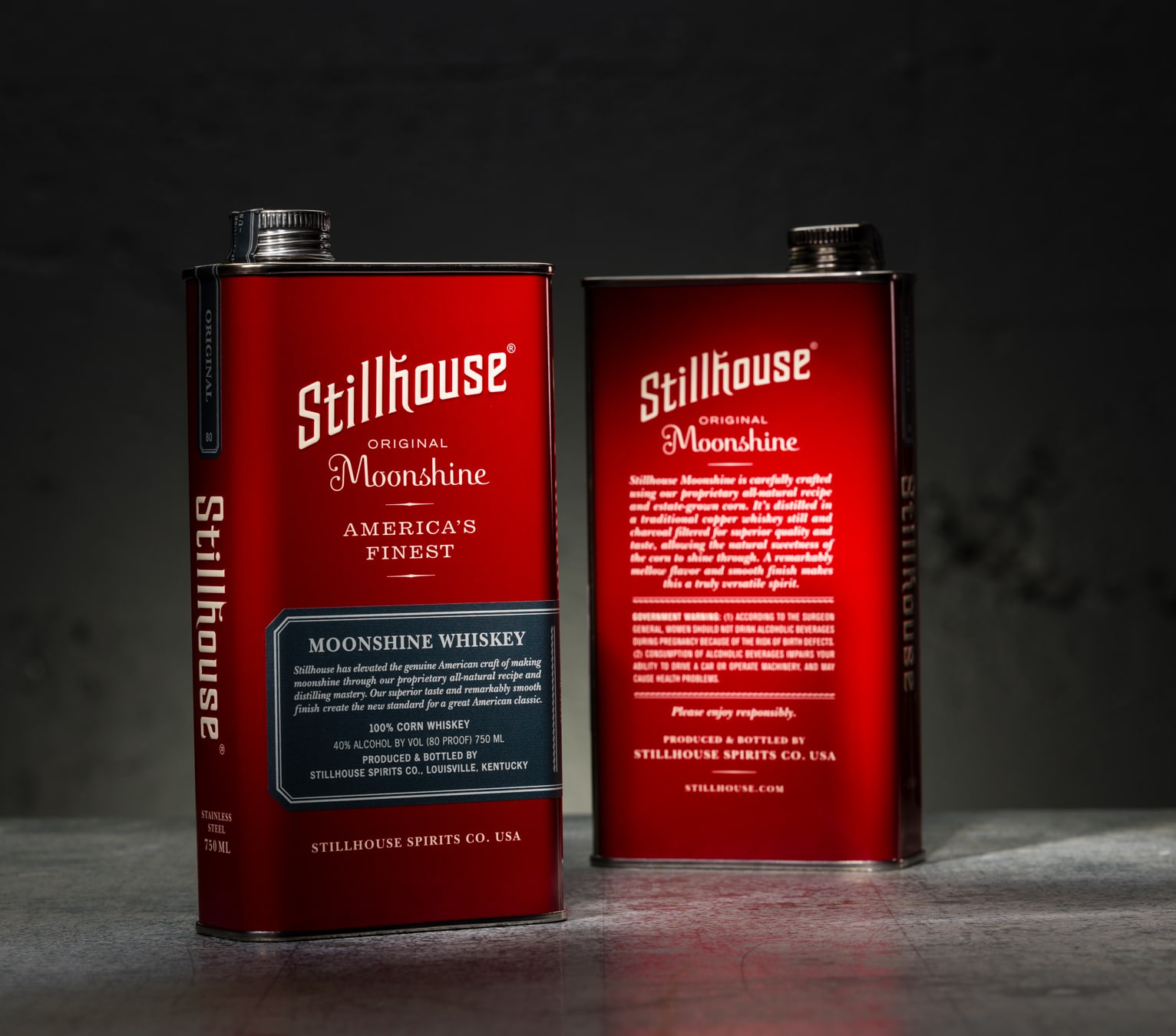 Stillhouse Moonshine whiskey package design can front and back