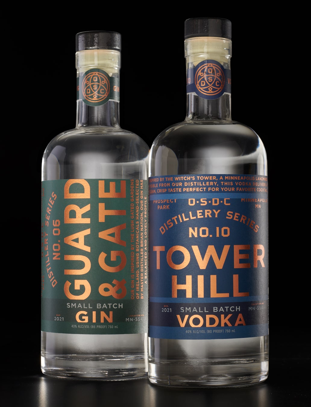 O’Shaughnessy Distilling Co. bottle designs bottles Guard & Gate Gin Tower Hill Vodka