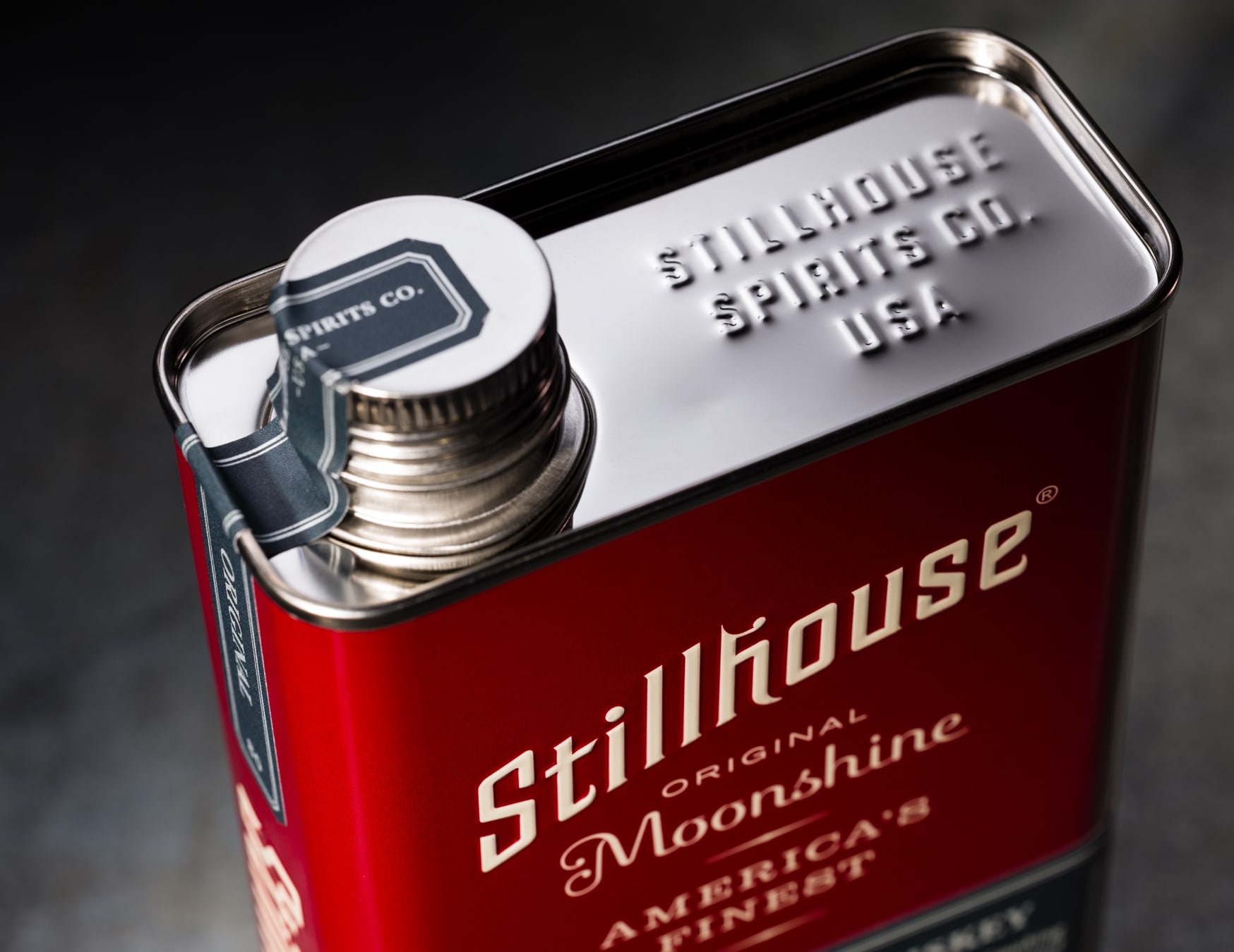 Stillhouse Moonshine spirits packaging design stainless can top detail