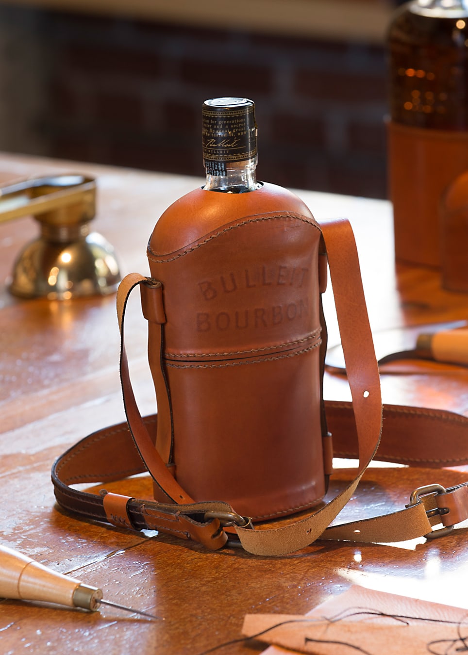 Bulleit Bourbon bottle leather case design
