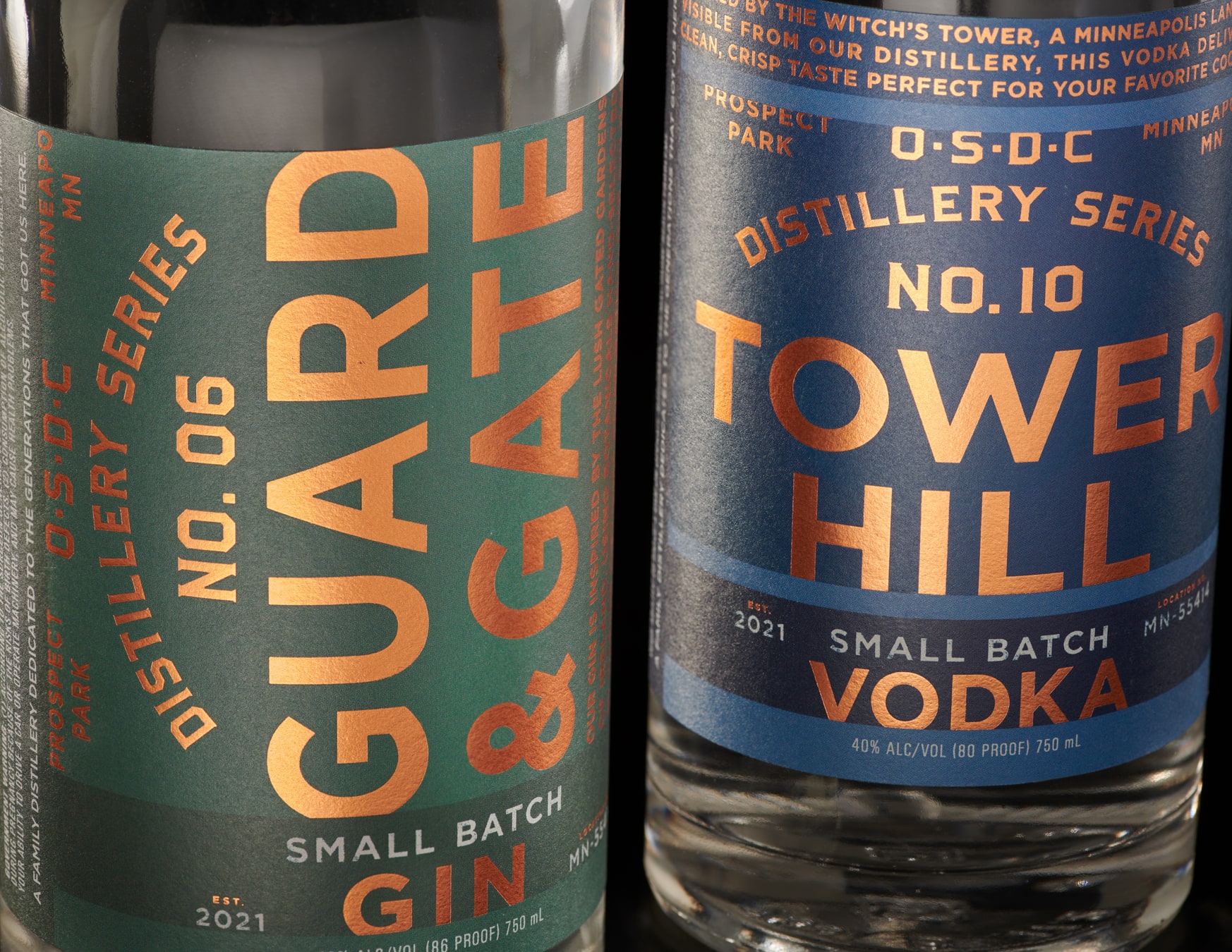 O’Shaughnessy Distilling Co. Guard & Gate Gin Tower Hill Vodka label design detail