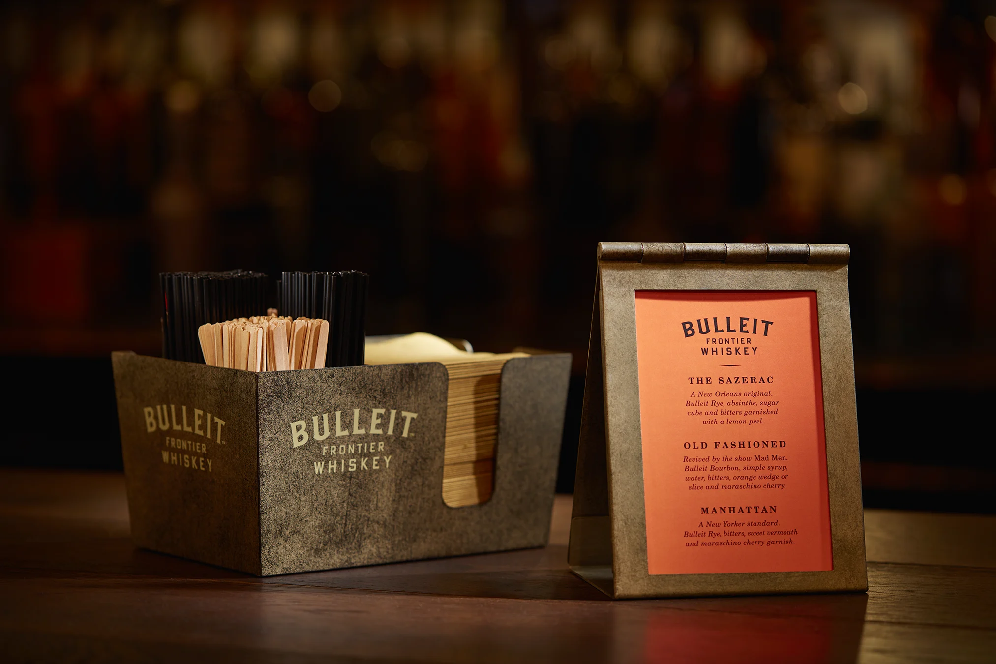 Bulleit Bourbon metal table tent and bar napkin holder