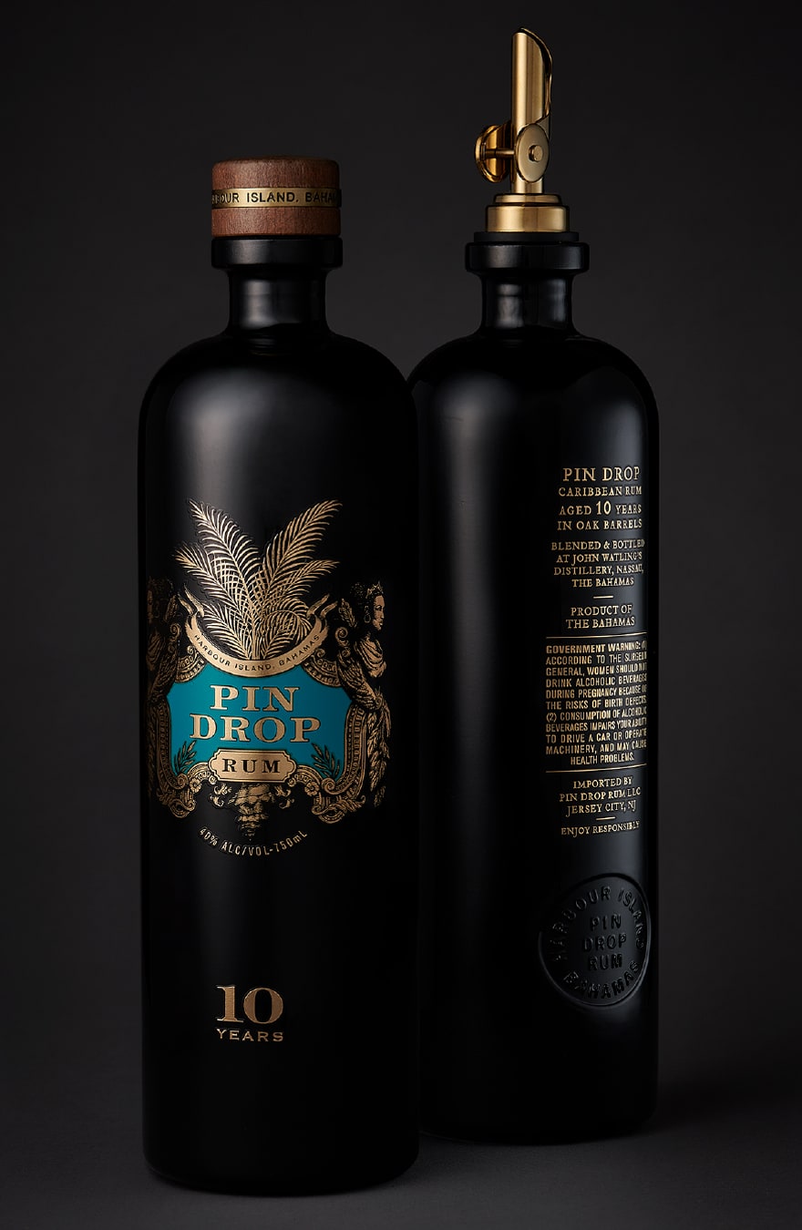 Pin Drop Rum bottles, front and back